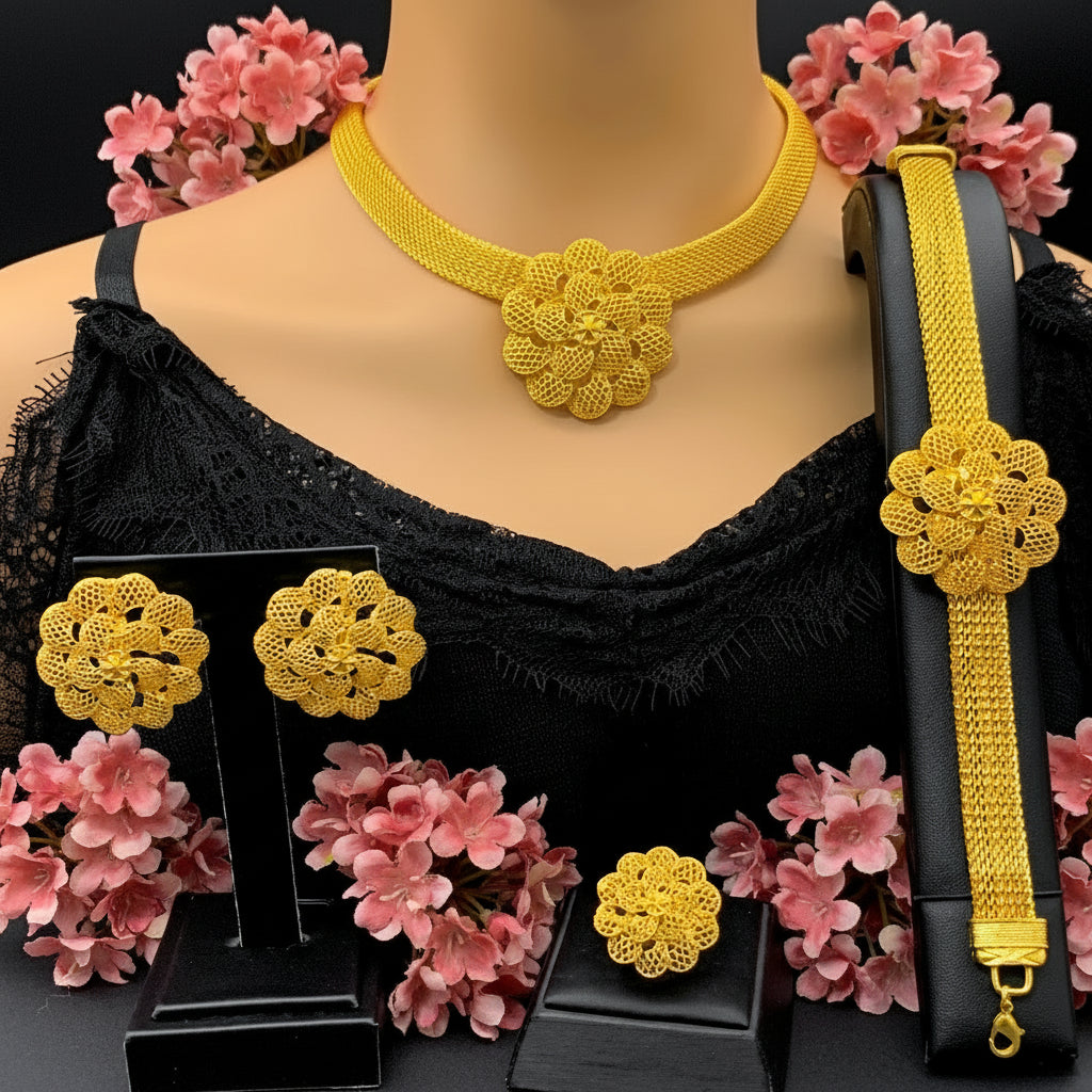 Zenat Luxury Flower Necklace Sets Wedding Gold Plated
