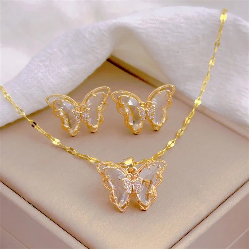 Zenat Cute Micro-Inlaid Butterfly Necklace & Earrings Set