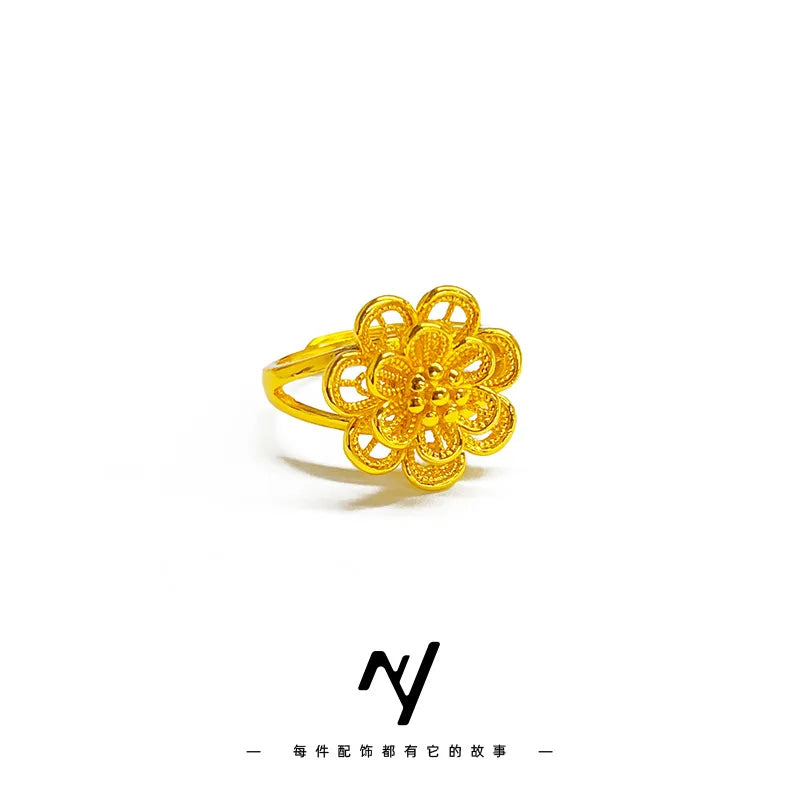 Luxury 24K 9999 Pure Gold real gold Open Multi-Layer Large Flower Ring Wedding Bridal Ring Adjustable