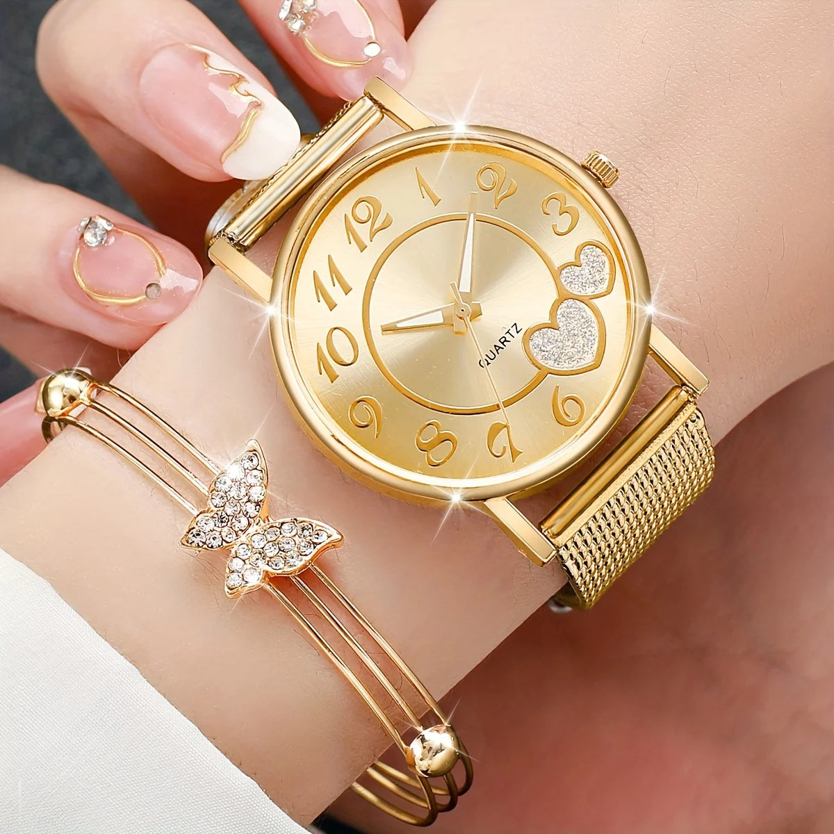 Zenat Heart Band Watch Golden Quartz Butterfly Set