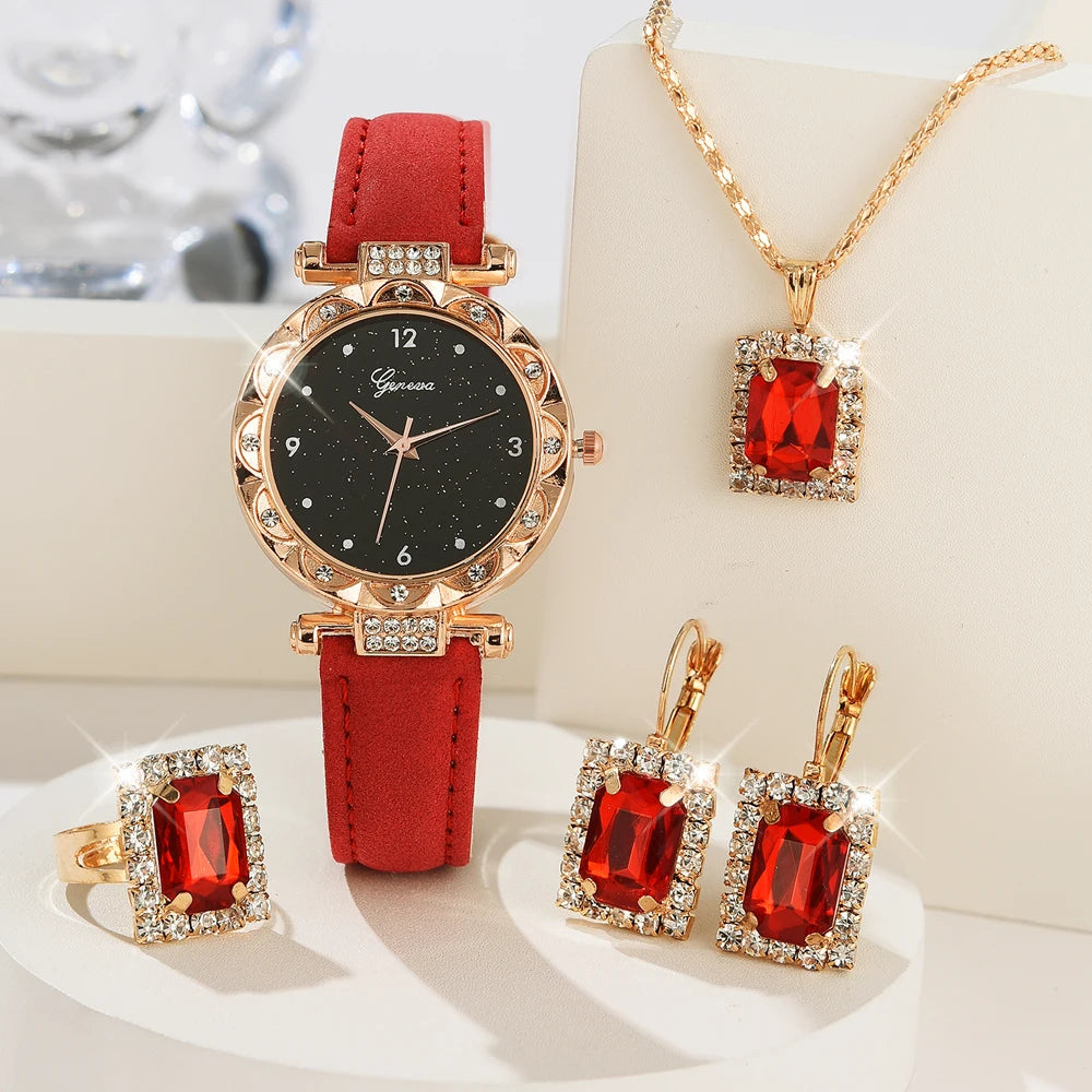 Zenat 5Pcs Set Luxury Rhinestone Watch Quartz Bracelet Set