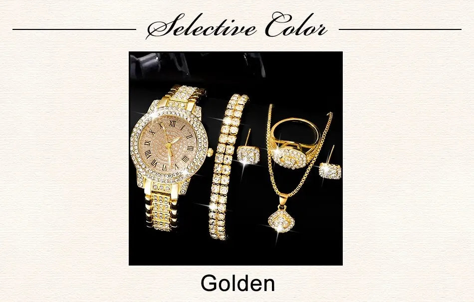 Zenat Golden Watch Ring Necklace Earrings Rhinestone Set