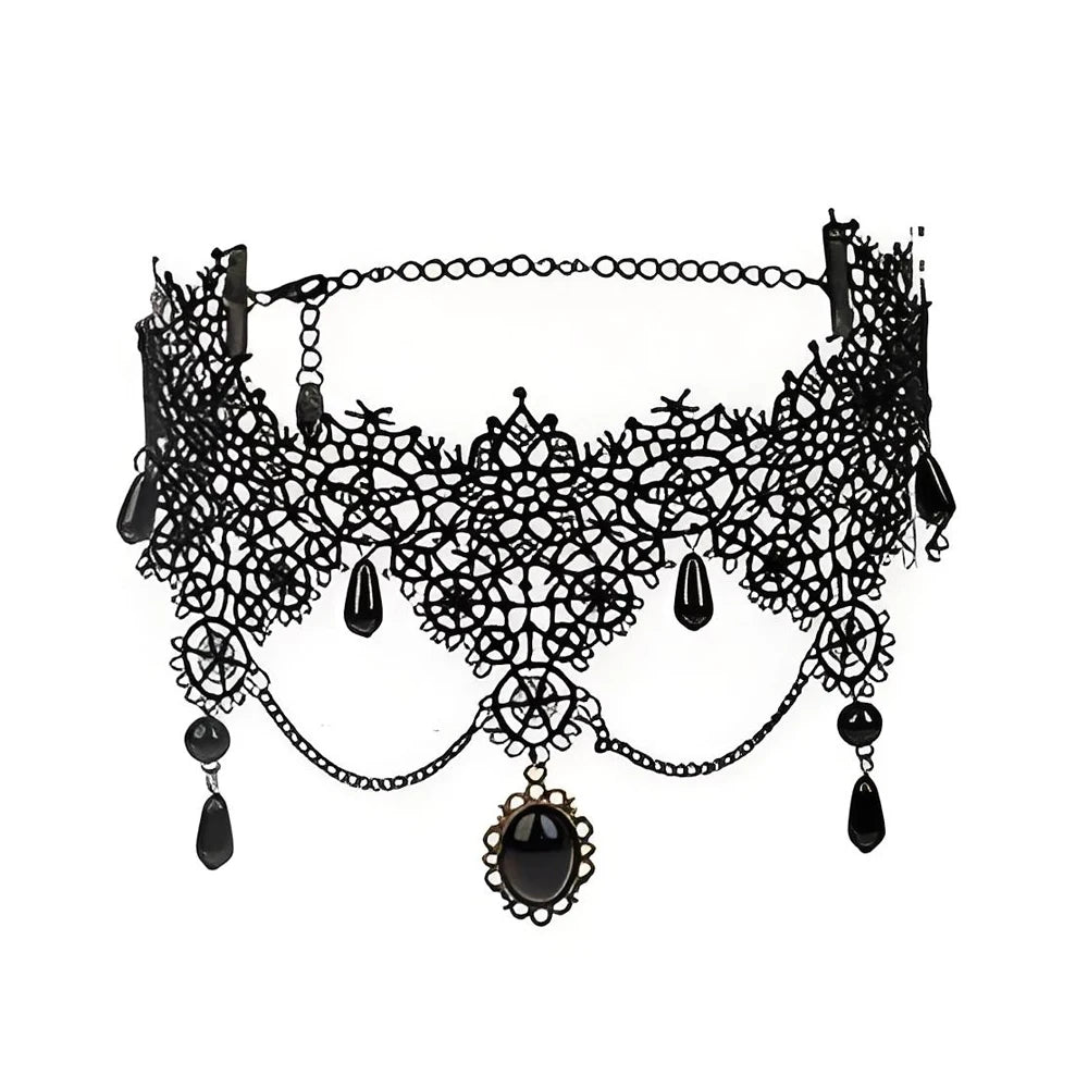 Zenat Neo-Gothic Black Lace Punk Choker Necklace