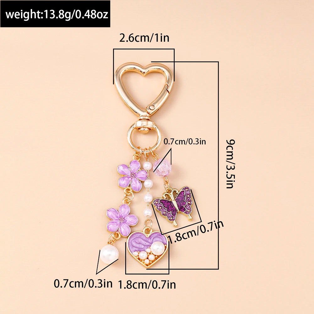 Cute Enamel Flower Butterfly Keychain Women Girls Love Heart Key Ring Pendants Handbag Decor DIY Handmade Jewelry Gifts