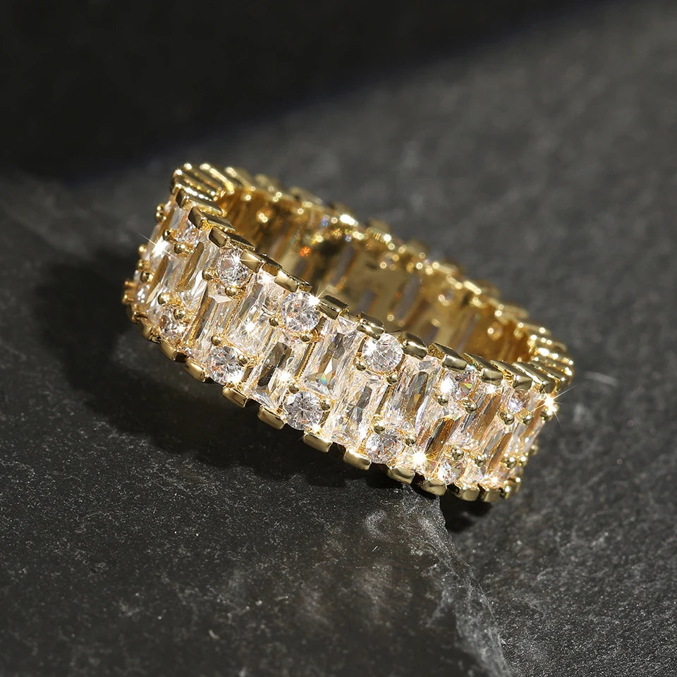 Classic Baguette Cubic Zirconia Engagement Rings for Women Luxury 18K Gold Color Plated Wedding Party Jewelry