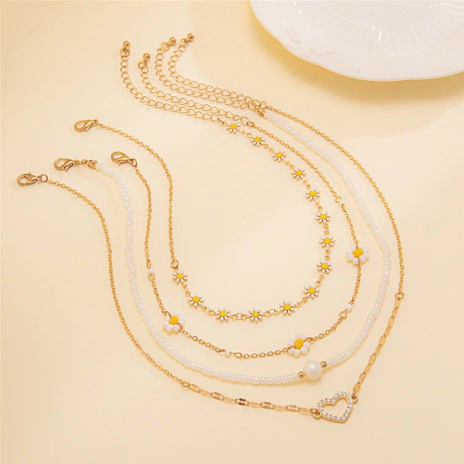 Zenat 4PC Sunflower & Heart Link Chain Jewelry Set