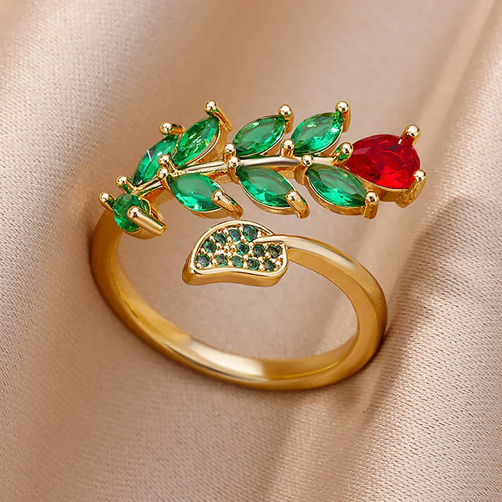 Zircon Flower Leaf Rings for Women Shine Opening Stainless Steel Ring 2024 Trend Luxury Wedding Jewelry Free Shipping anillos