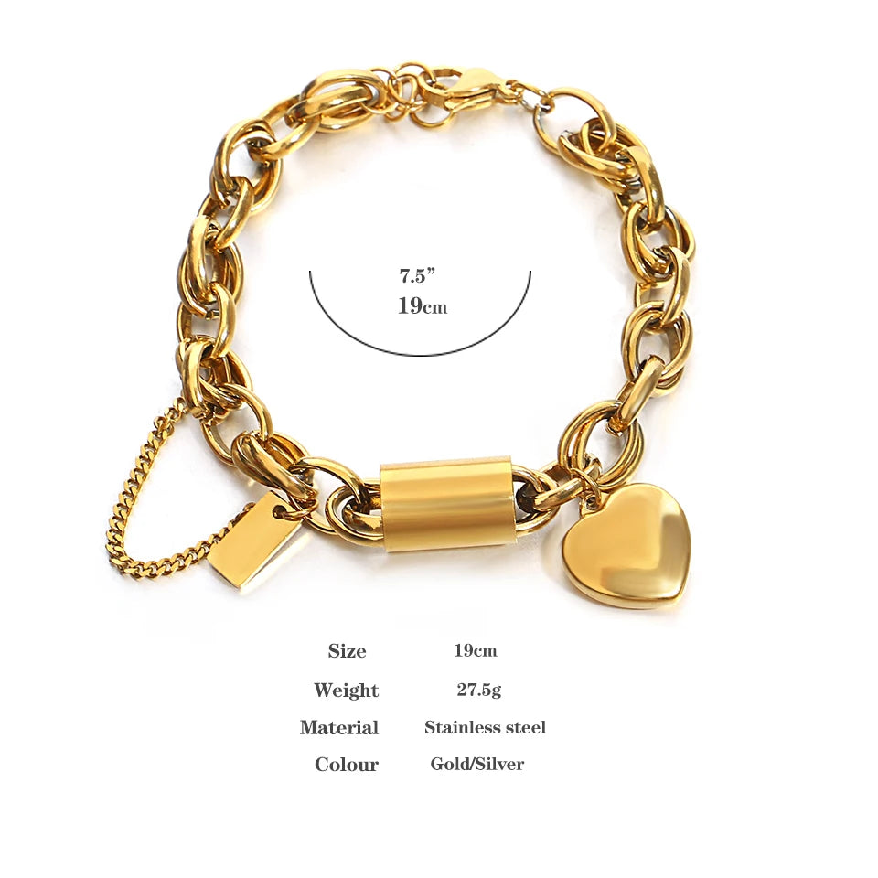Lobster Heart Lock Stainless Steel Bracelet Gold Plated