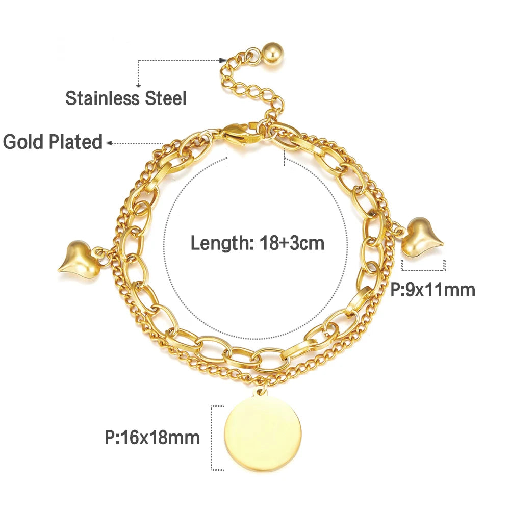 Zenat Stainless Steel Heart Coin Charm Bracelet for Women