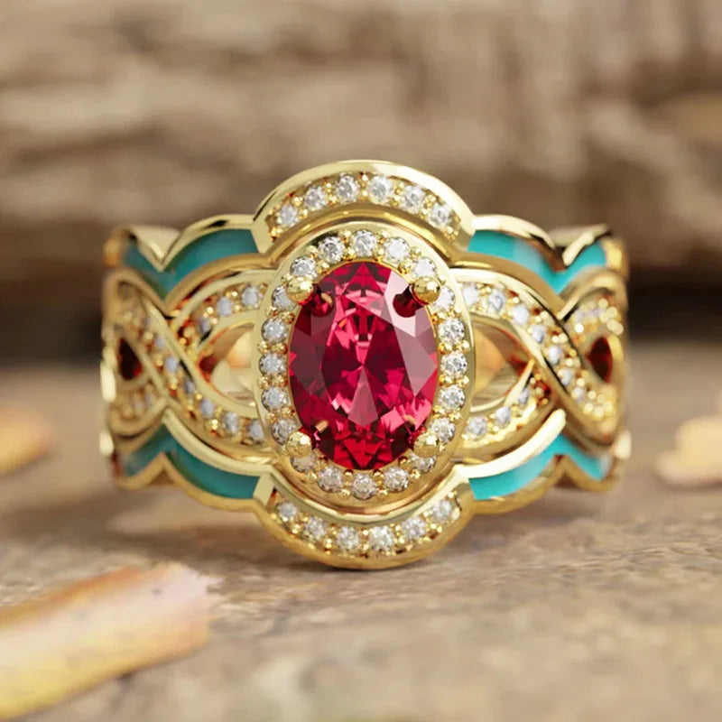 Zenat Elegant Red Corundum Ring with Large Zircon