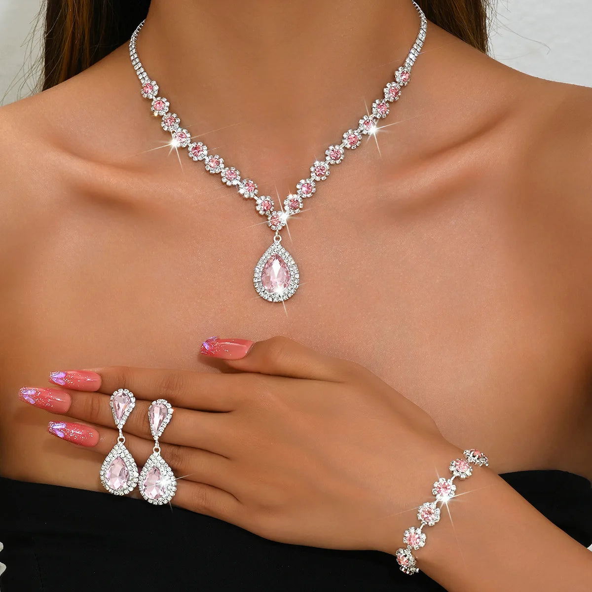 Minimalist Water drops Jewelry Set for Women Crystal Necklace Bracelet Earrings Set Gift Banquet Wedding Anniversary Accessories