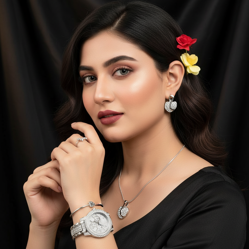 Zenat Quartz Watch Gold Luxury Ring Necklace Earring Set