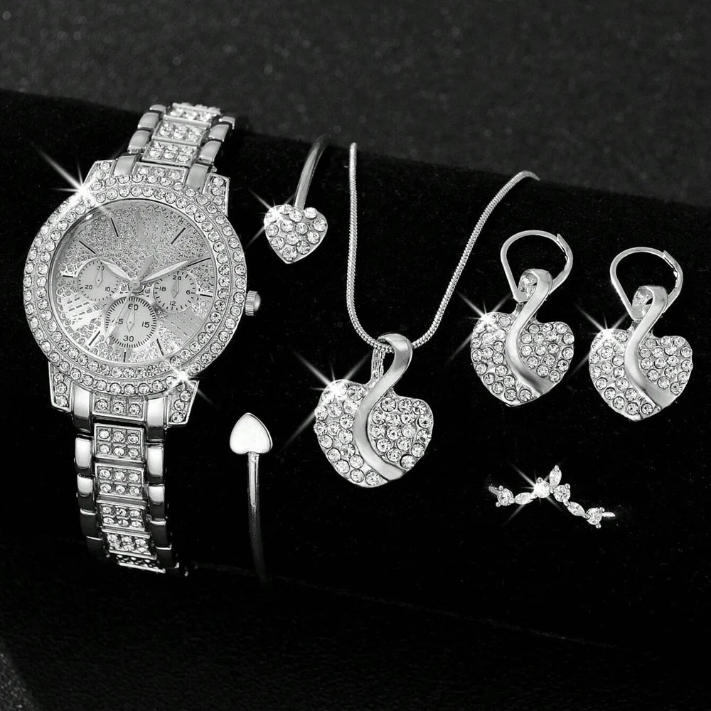 Zenat Quartz Watch Gold Luxury Ring Necklace Earring Set