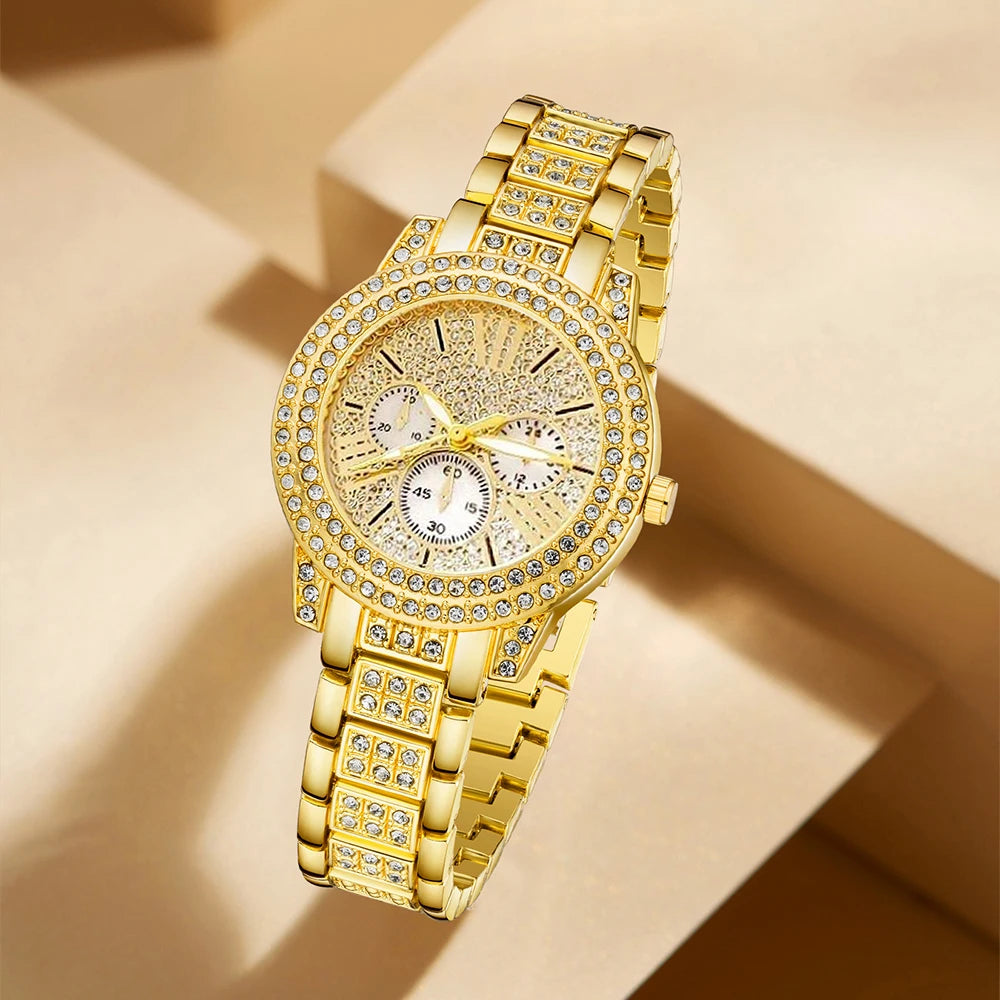 Zenat Quartz Watch Gold Luxury Ring Necklace Earring Set