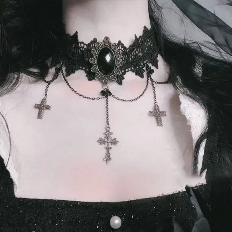 Zenat Neo-Gothic Black Lace Punk Choker Necklace