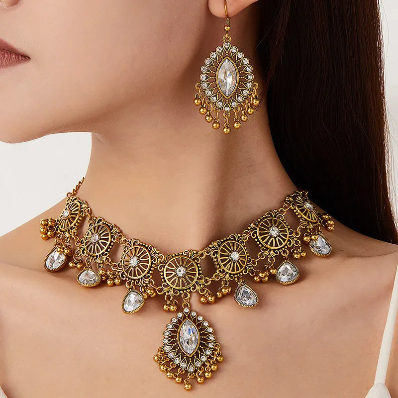 Ethnic Vintage Jewelry Set Resin Stone Jewelry Sets Hollow Metal Water Drop Pendant Necklace Earrings Set For Women Gift Jewelry