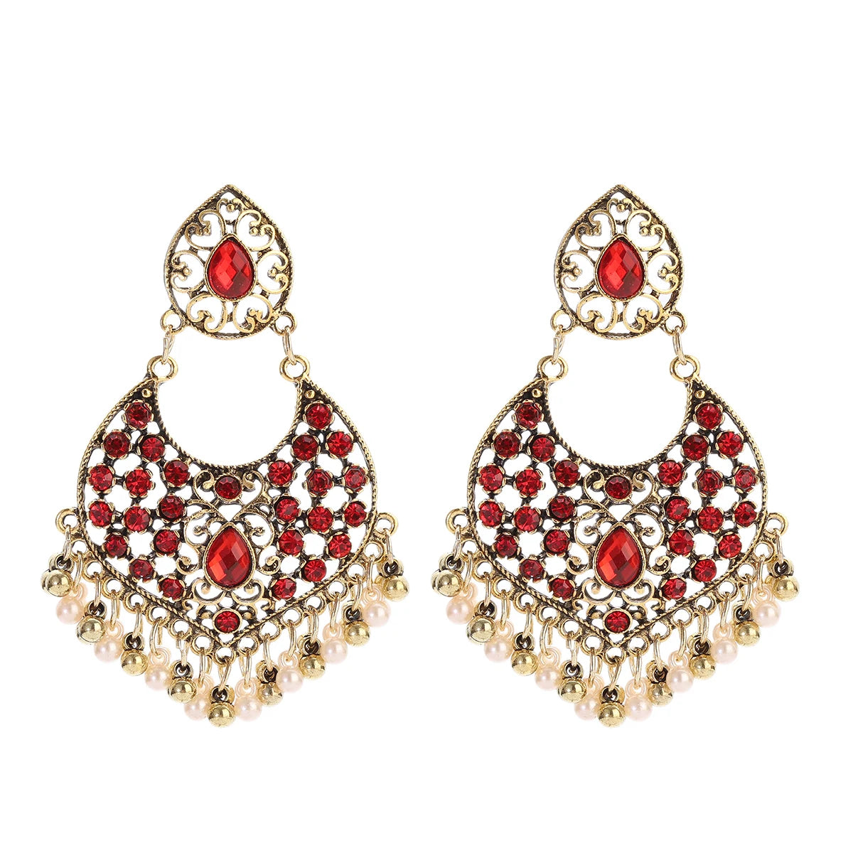 Zenat Retro Green Carved Pearl Tassel Jhumka