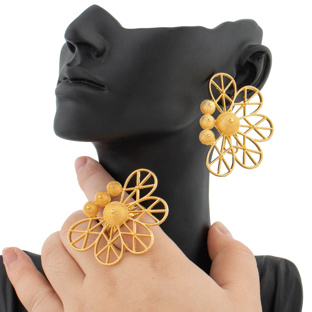 Zenat 18K Gold Earrings & Ring Set – African Design