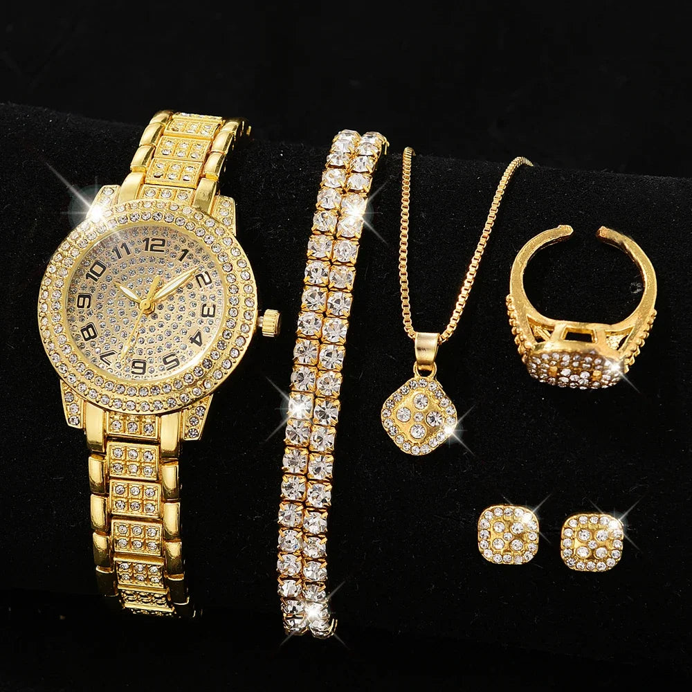 Zenat Quartz Watch Gold Luxury Ring Necklace Earring Set