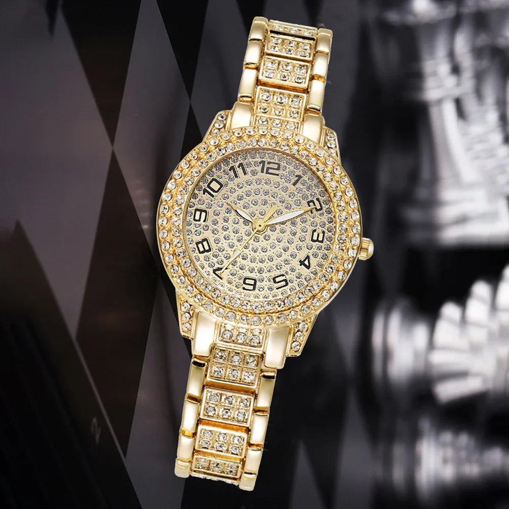 Zenat Quartz Watch Gold Luxury Ring Necklace Earring Set