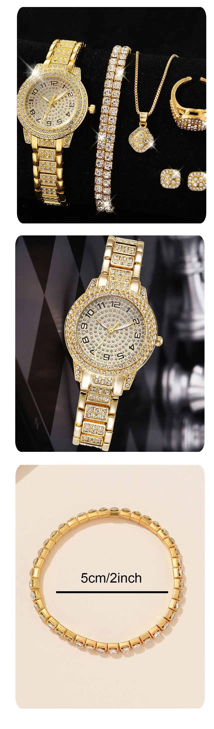 Zenat Quartz Watch Gold Luxury Ring Necklace Earring Set