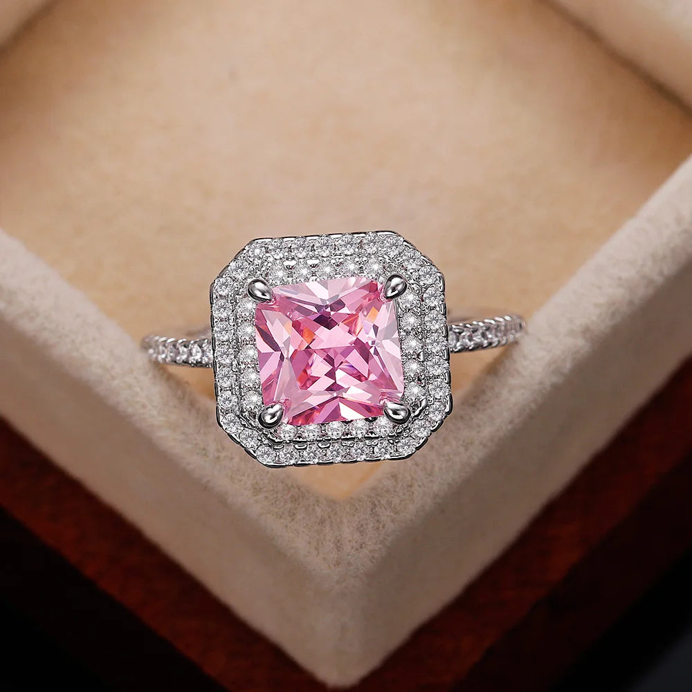 Zenat Pink Sparkling Zircon Princess Square Ring