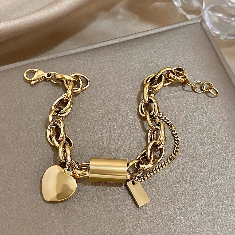 Lobster Heart Lock Stainless Steel Bracelet Gold Plated