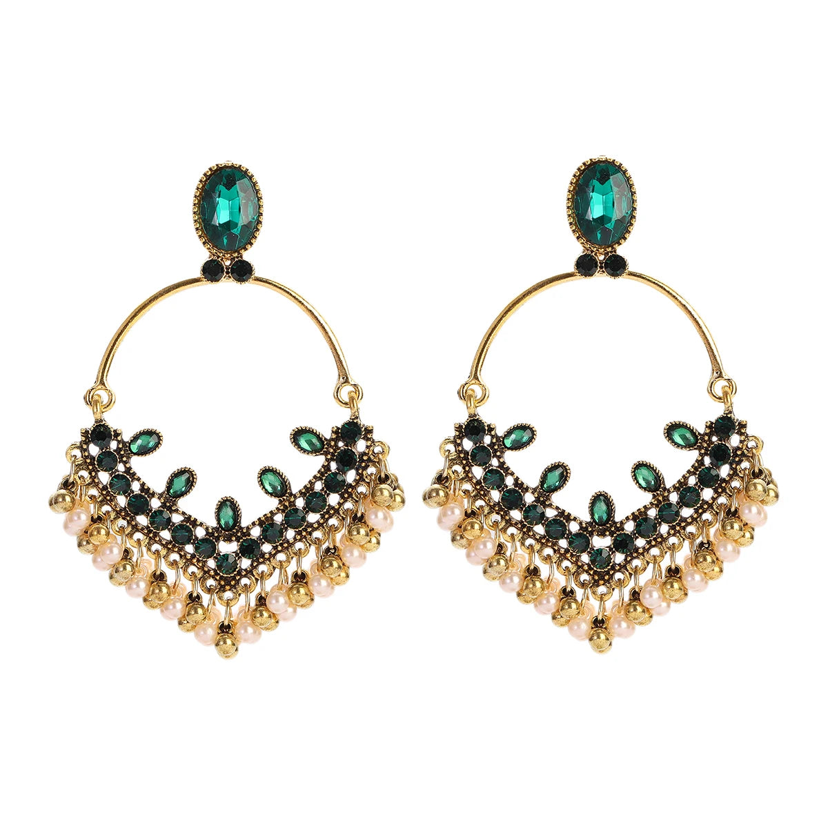 Zenat Retro Green Carved Pearl Tassel Jhumka