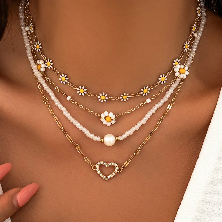 Zenat 4PC Sunflower & Heart Link Chain Jewelry Set