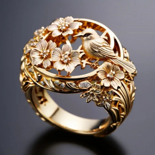 Zenat Vintage Flower & Bird Motif Beads Ring