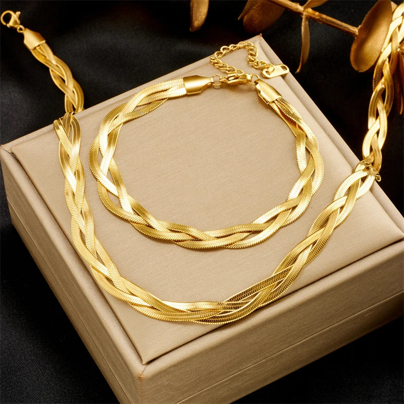 Zenat Stainless Steel Crossover Chain Necklace Bracelet