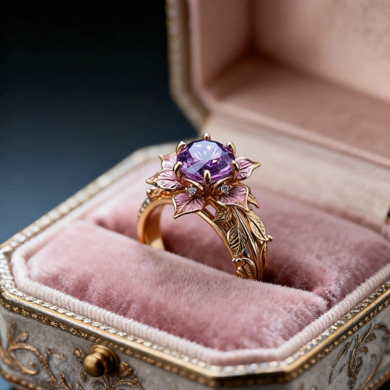 1PC Exquisite Geometric Flower Shape Inlay Purple Color Zircon Rings For Women Party Birthday Gift Accessories Fashion Jewelry