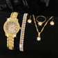 Zenat Quartz Watch Gold Luxury Ring Necklace Earring Set