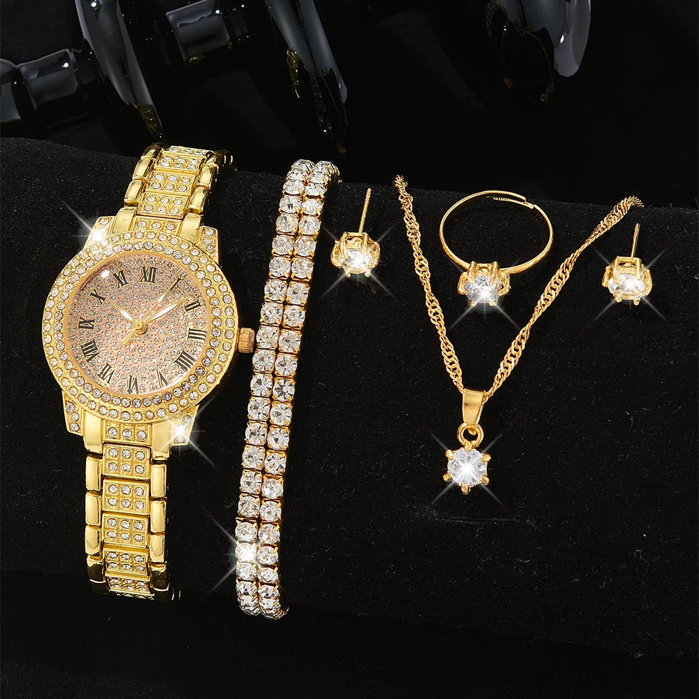 Zenat Quartz Watch Gold Luxury Ring Necklace Earring Set