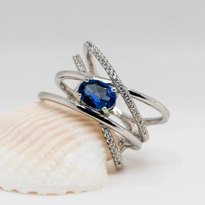 2025 New Blue Cube Zircon Ring Fashionable and Elegant High End Women's Bridal Wedding Luxury Personalized Jewelry Accessories