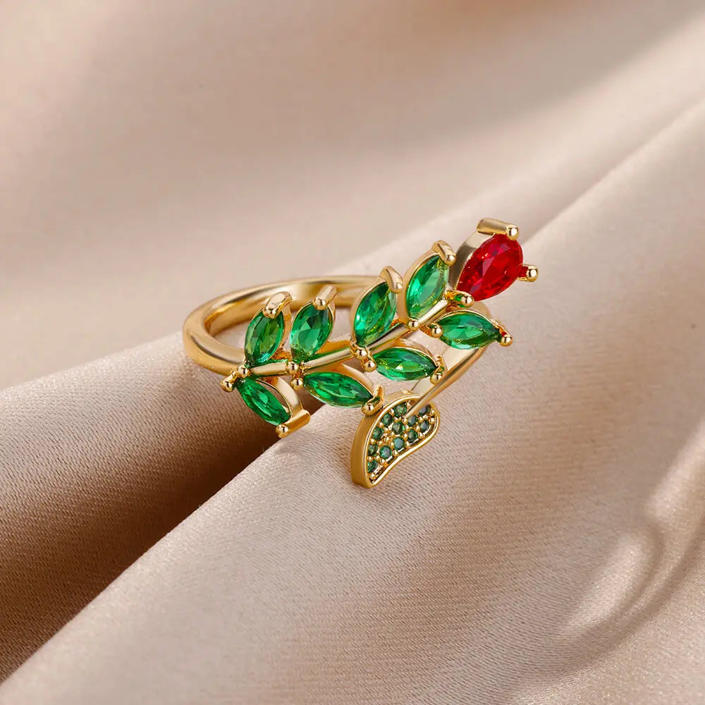 Zircon Flower Leaf Rings for Women Shine Opening Stainless Steel Ring 2024 Trend Luxury Wedding Jewelry Free Shipping anillos