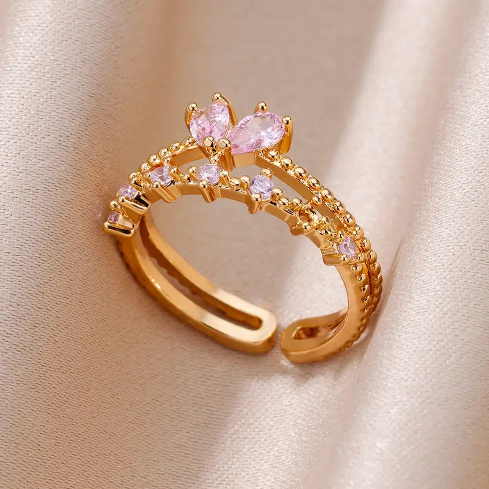 Zenat Gold Zircon Adjustable Stainless Steel Ring