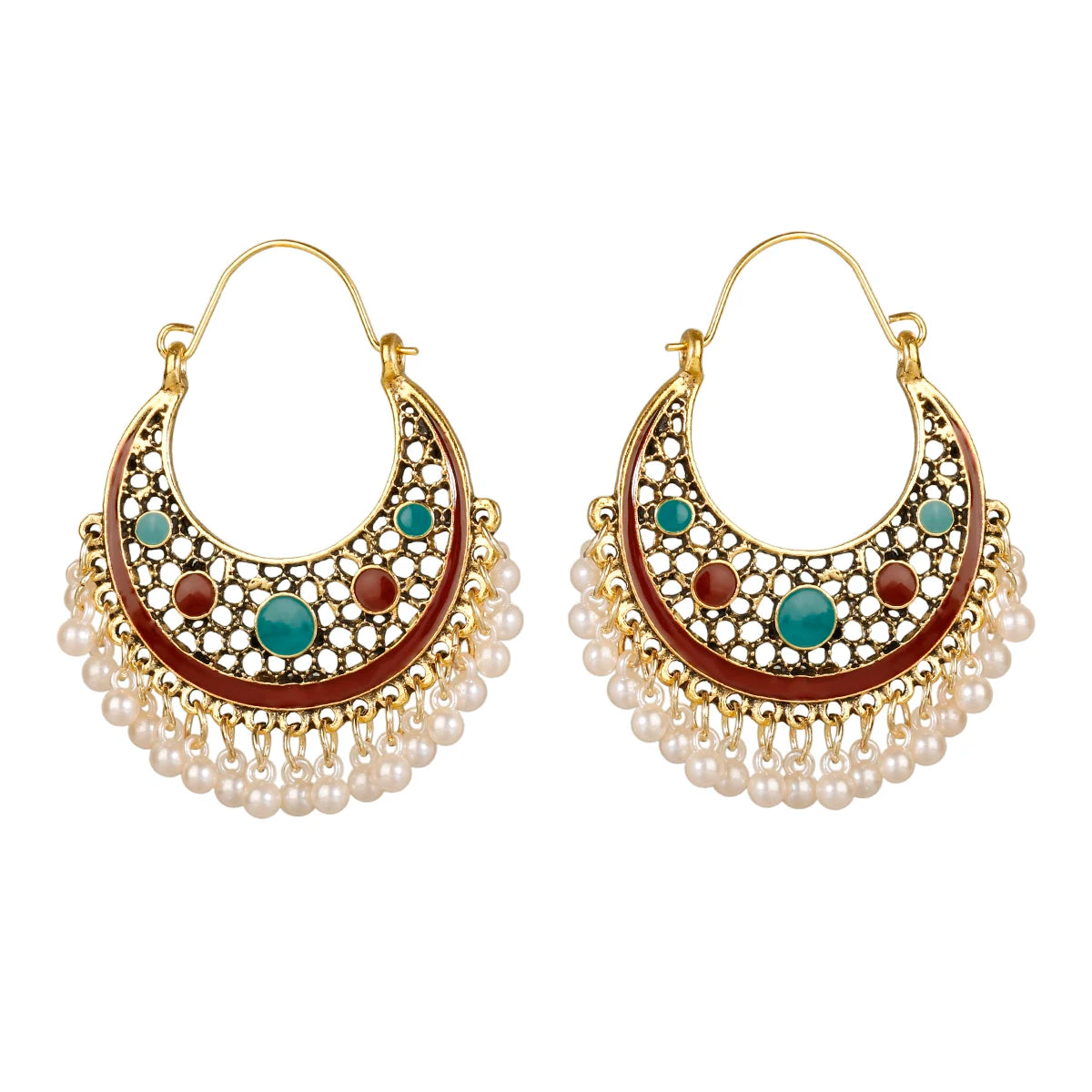 Zenat Retro Green Carved Pearl Tassel Jhumka