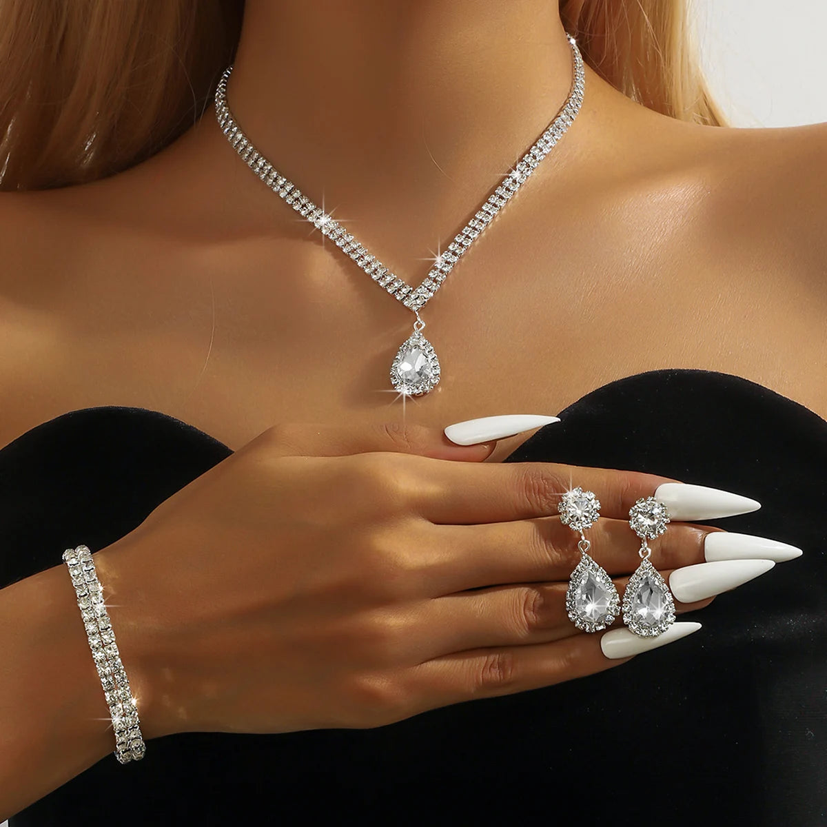 Wedding Season Women's Fashion Copper Claw Chain Water Drop Necklace Earrings Bracelet Jewelry Set Wedding Banquet Festival Gift