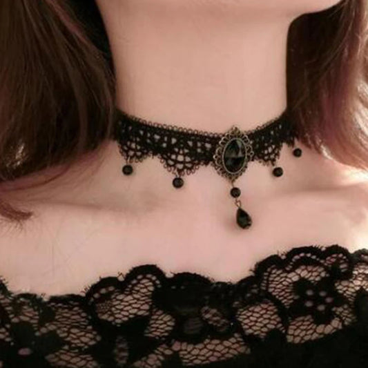 Zenat Gothic Black Lace Crystal Choker Necklace