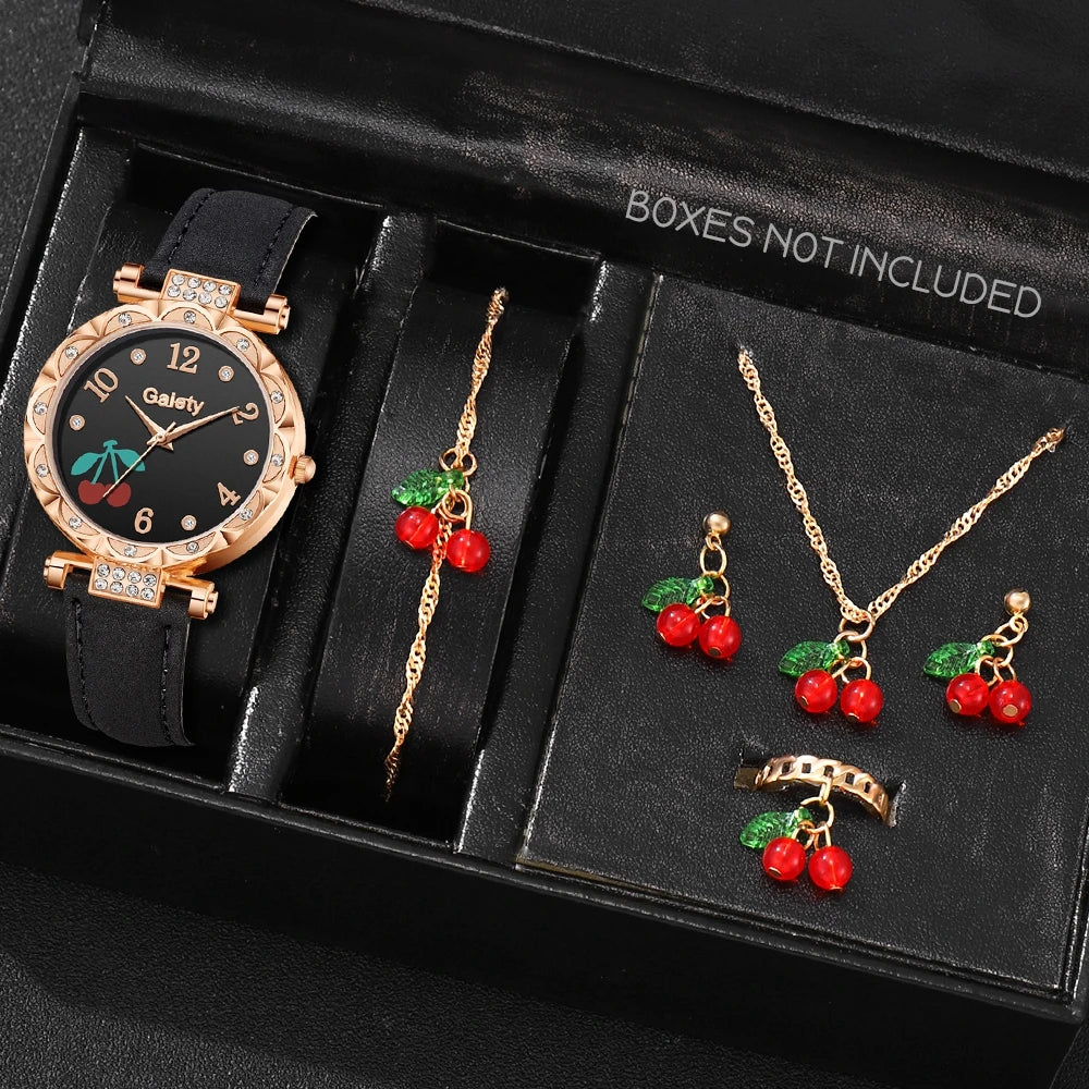Zenat 6PCS Set Red Cherry Strap with Jewelery