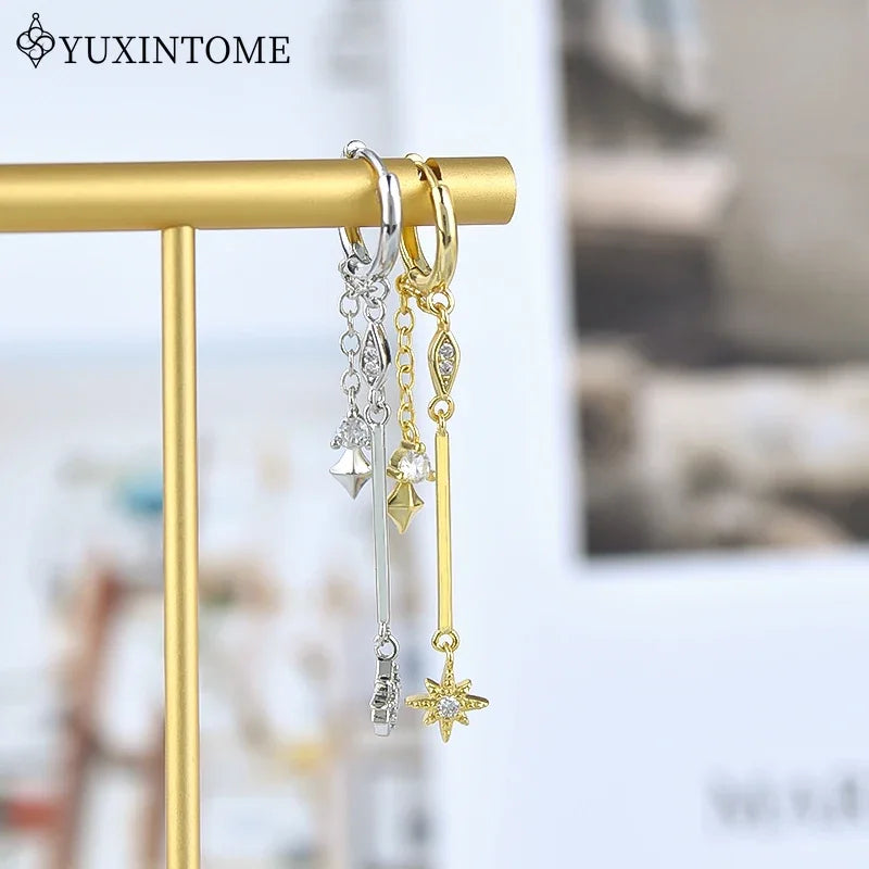 Zenat 925 Silver Star Hoop Earrings – Multi-Pendant Chain