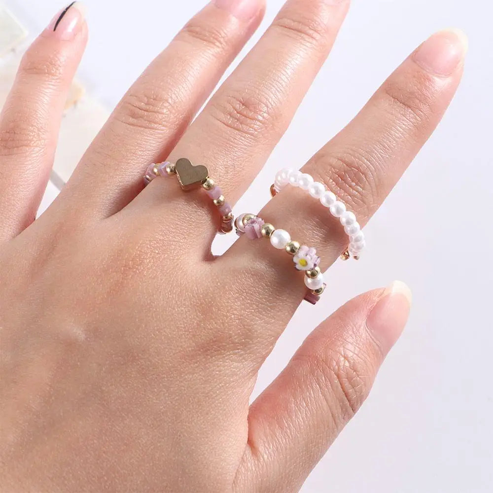 Trendy Cute Bohemia Pearl Flower Acrylic Beaded Rings Party Jewelry Finger Ring Set Women Ring