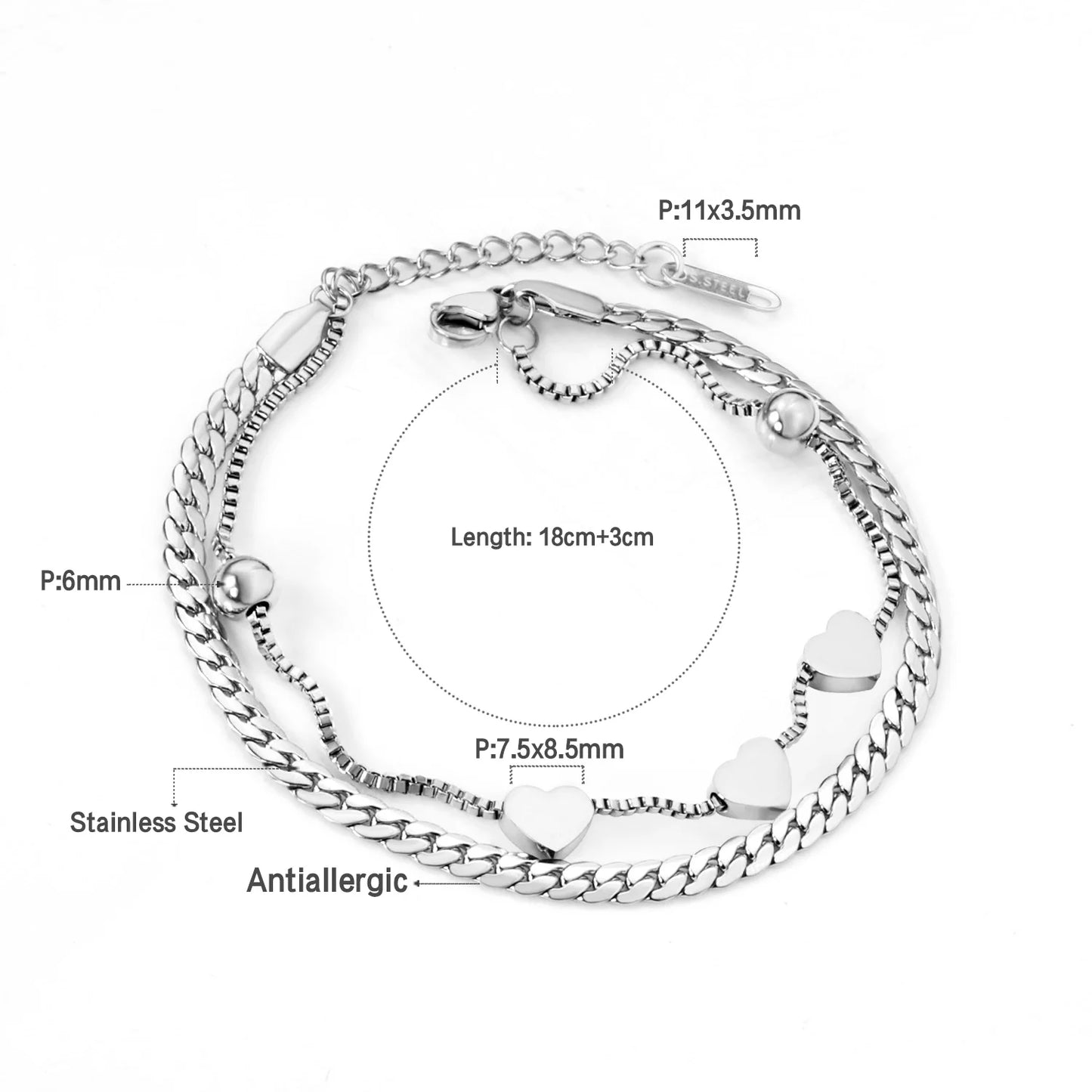 Zenat Stainless Steel Heart Coin Charm Bracelet for Women
