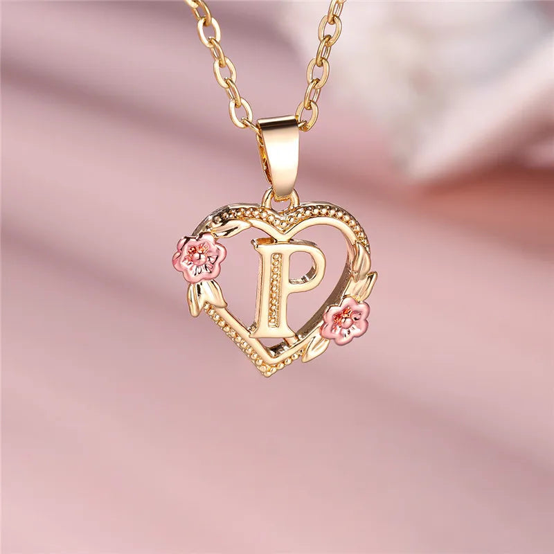 Zenat A-Z Letter Flower Gold Pendant Necklace