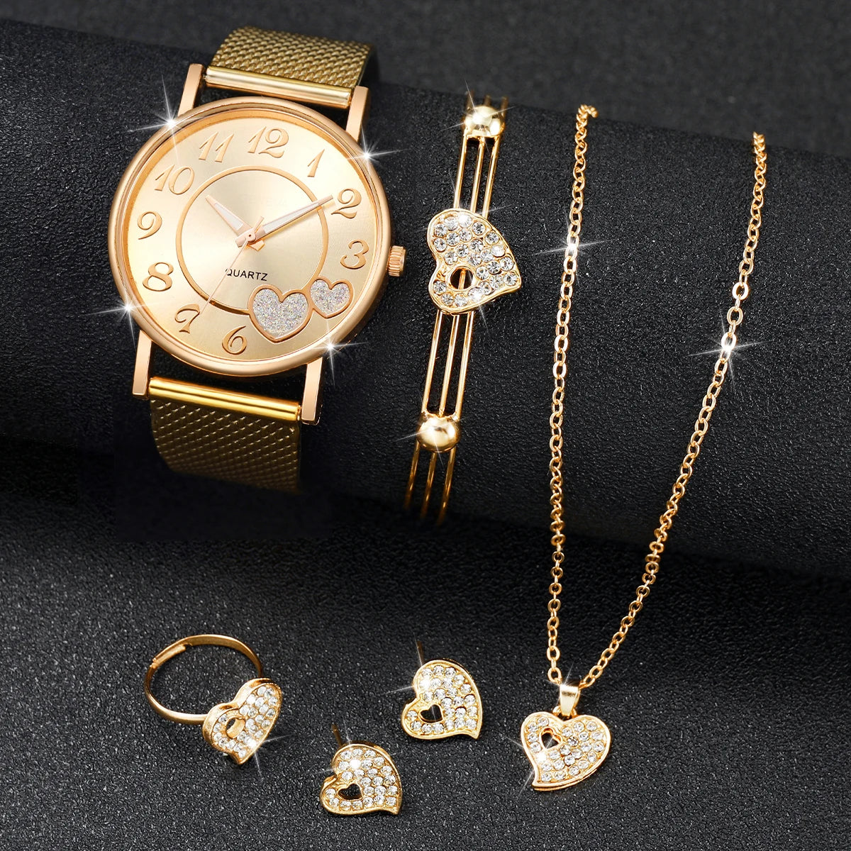 Zenat Heart Band Watch Golden Quartz Butterfly Set