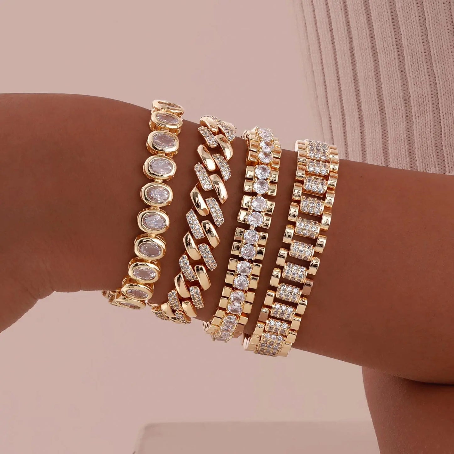 Bracelet 14K Gold Plated Cubic Zirconia Chunky Adjustable