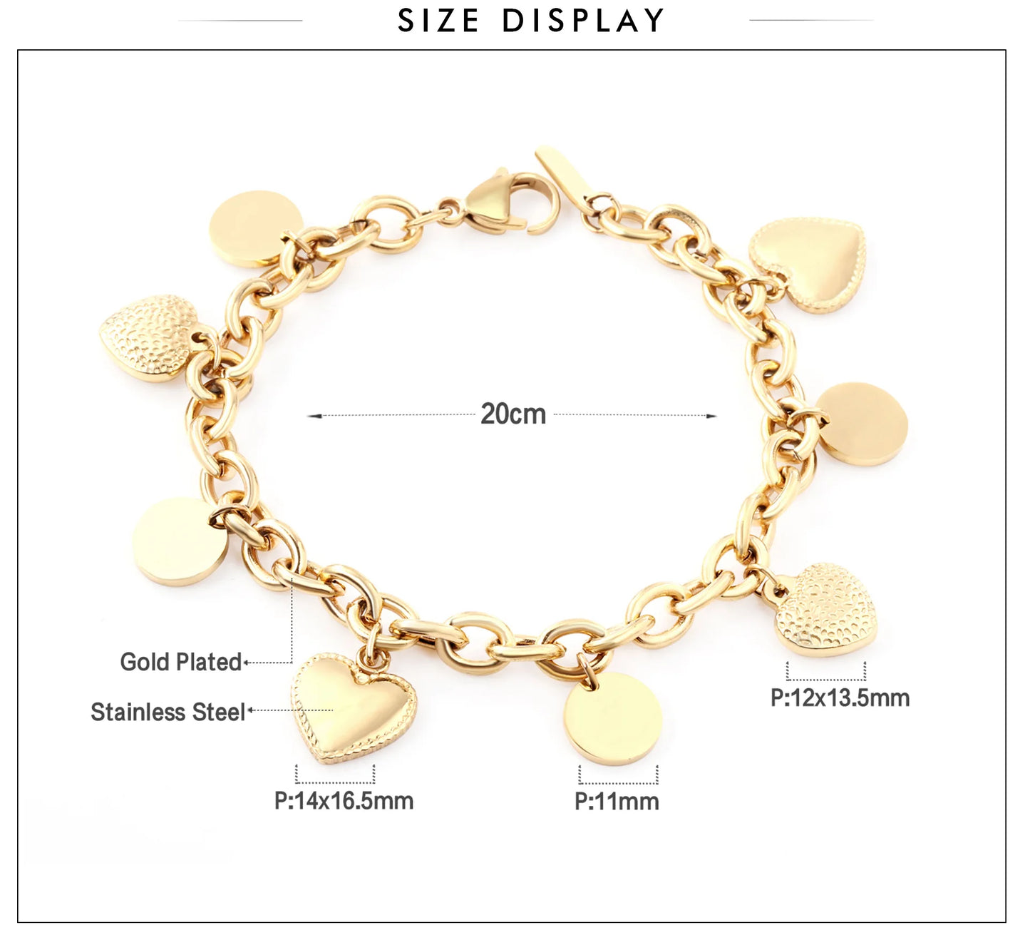 Zenat Stainless Steel Heart Coin Charm Bracelet for Women
