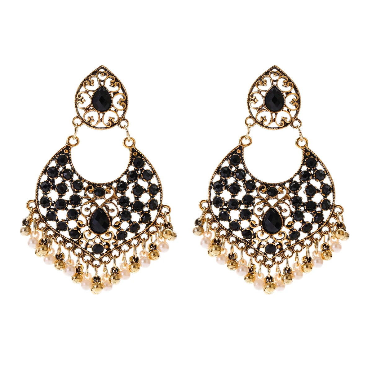 Zenat Retro Green Carved Pearl Tassel Jhumka