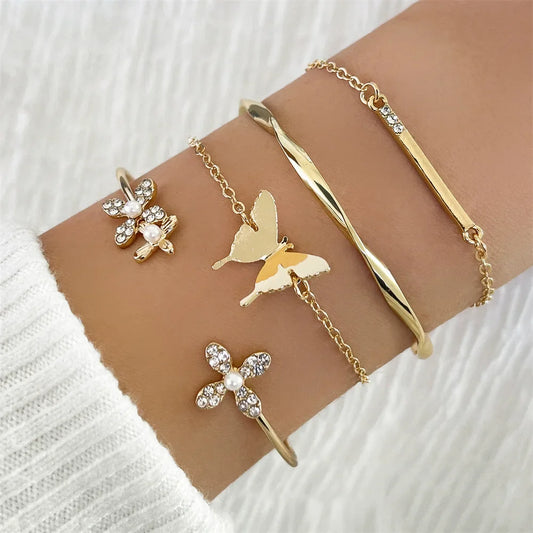 Gold Color Cuff Bracelet Set of 4 Stainless Steel